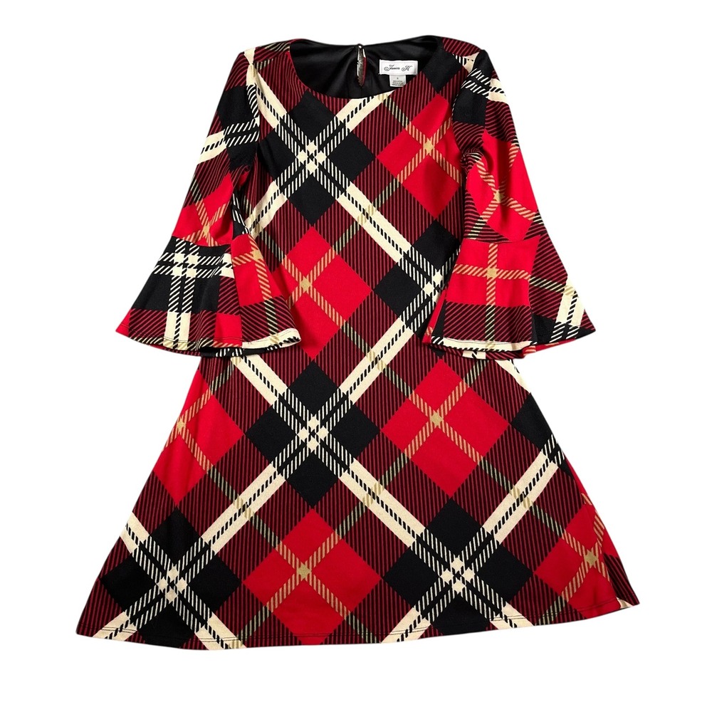 Jessica Howard Women's 3/4 Bell Sleeve Plaid Red/Black/Tan Shift Dress Size S‎